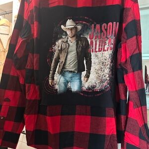 Modern Vintage Jason Aldean Red and Black Plaid Shirt with Graphic